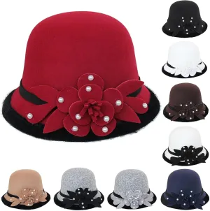Women Bowler Fedora Hat with Rolled Brim 1920s Classic Wool Hats for Man Woman Halloween Prop (WH1, One Size)