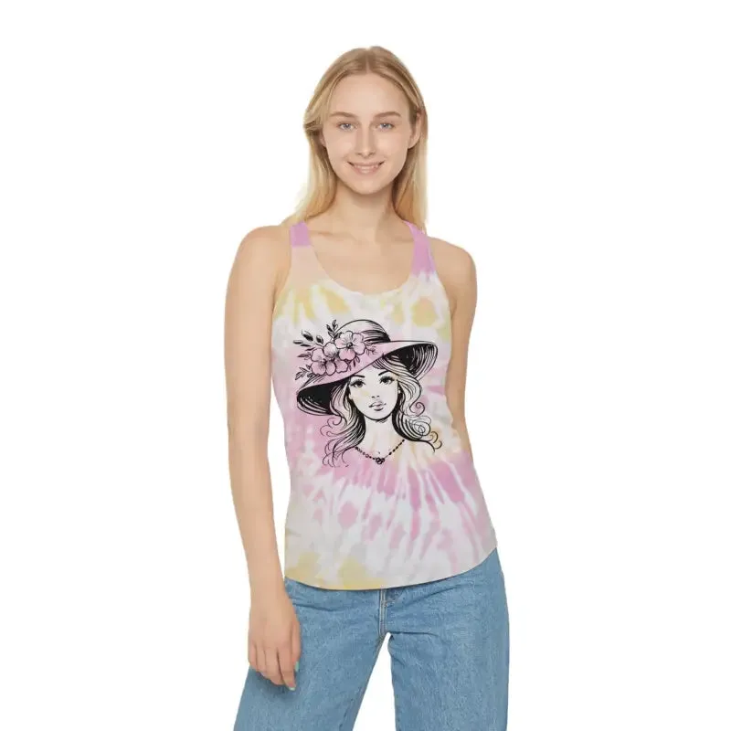 Women Tie Dye Racerback Tank with Flower Hat Design