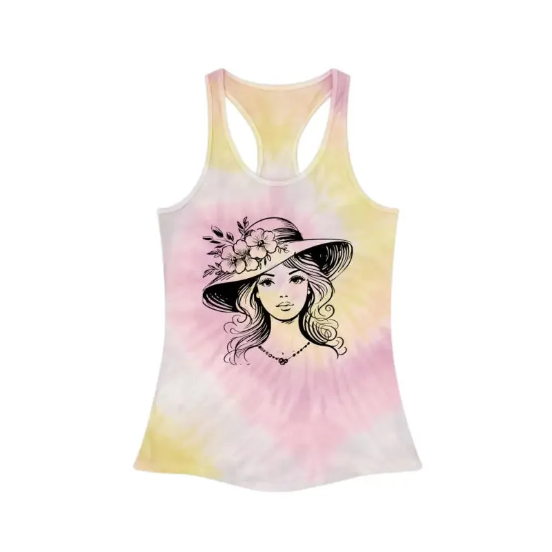 Women Tie Dye Racerback Tank with Flower Hat Design