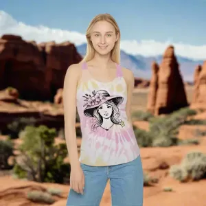 Women Tie Dye Racerback Tank with Flower Hat Design