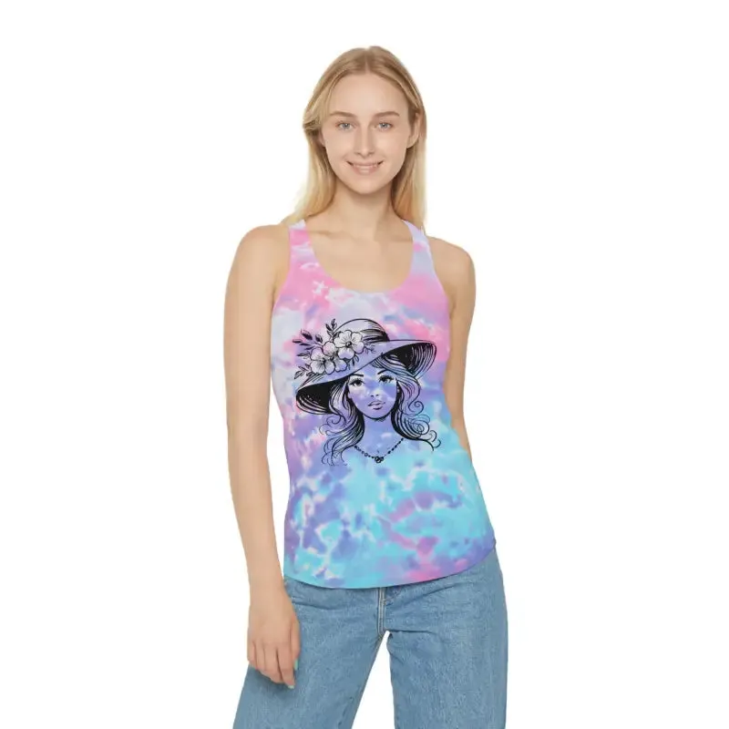 Women Tie Dye Racerback Tank with Flower Hat Design