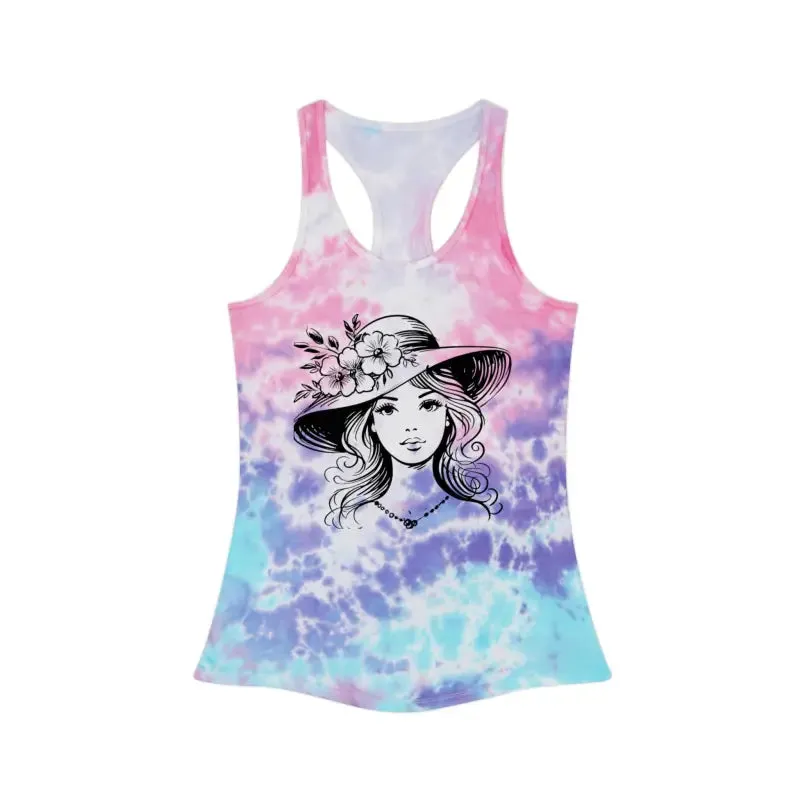 Women Tie Dye Racerback Tank with Flower Hat Design