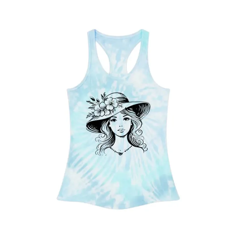 Women Tie Dye Racerback Tank with Flower Hat Design