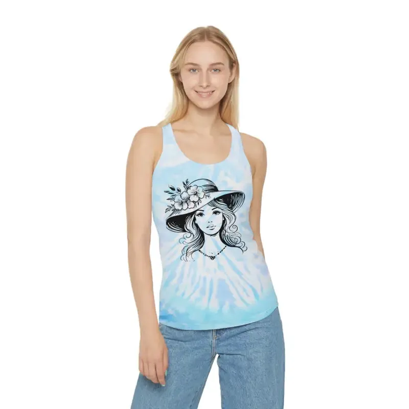 Women Tie Dye Racerback Tank with Flower Hat Design