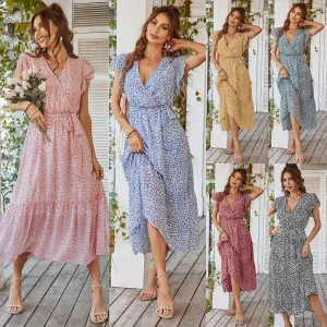 Women's Floral Summer Dress Wrap V Neck Short Sleeve Belted Ruffle Hem A-Line Bohemian Maxi Dresses