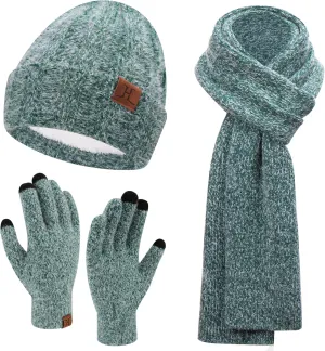 Womens Winter Warm Knit Beanie Hat Touchscreen Gloves Long Neck Scarf Set with Fleece Lined Skull Caps Gifts for Women