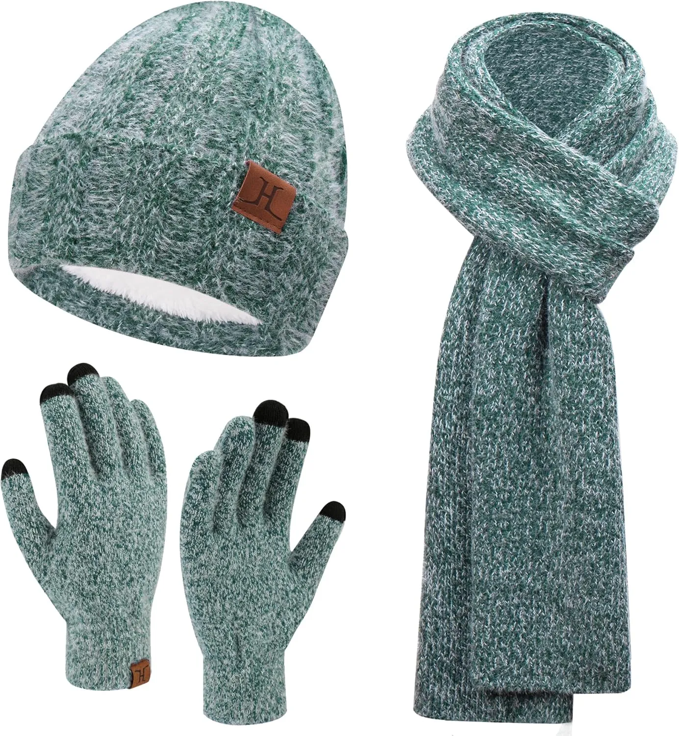 Womens Winter Warm Knit Beanie Hat Touchscreen Gloves Long Neck Scarf Set with Fleece Lined Skull Caps Gifts for Women